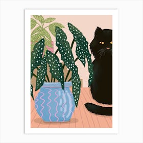 Begonia, Black Cat And Blue Plant Pot Art Print