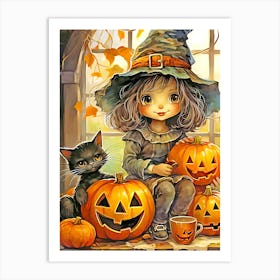 Halloween Girl With Pumpkins and cat Art Print