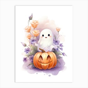 Cute Ghost With Pumpkins Halloween Watercolour 133 Art Print