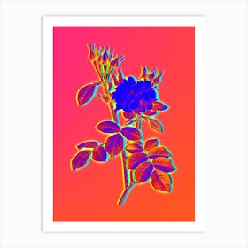 Neon Autumn Damask Rose Botanical in Hot Pink and Electric Blue Art Print