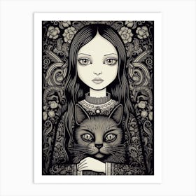 Wednesday Addams And A Cat Line Art Noveau 5 Fan Art Art Print