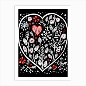 Heart Linocut Doodle Red & Black Art Print