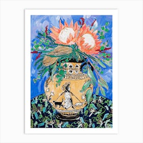Protea Bouquet In Greek Urn With Cat Walking Lady Figure Art Print