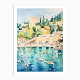 Swimming In Korcula Croatia Watercolour Art Print