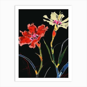 Neon Flowers On Black Carnation Dianthus 4 Art Print