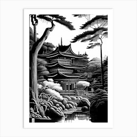 Ginkaku Ji Temple, 1 Japan Linocut Black And White Vintage Art Print