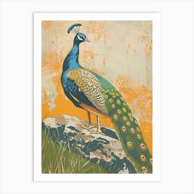 Blue Mustard Peacock Portrait On A Rock 1 Art Print