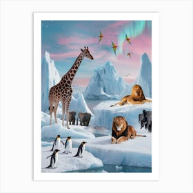 Abstract Horizons: The Frozen Frontier Giraffes And Penguins In The Ice Art Print