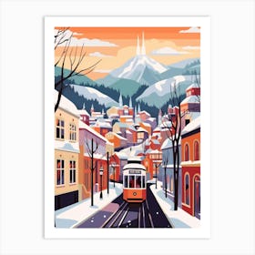 Vintage Winter Travel Illustration Bergen Norway 4 Art Print