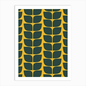 Mod Art Rows of Mid Century Modern Leaves Green on Yellow Art Print