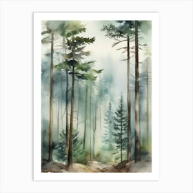 Appalachian Mountains of Misty Pines Watercolor Print of Evergreen Forest..121 Art Print