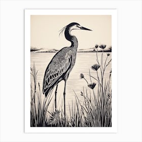 B&W Bird Linocut Great Blue Heron 2 Art Print