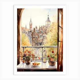 Window View Of Amsterdam Netherlands In Autumn Fall, Watercolour 3 Art Print