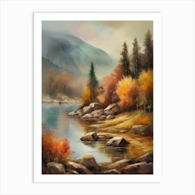 Autumn Lake,Forest Lake, Vintage Oil Painting, Farmhouse Wall Decorations, Antique Landscape, Vintage Landscape Oil Painting.8 5 Art Print