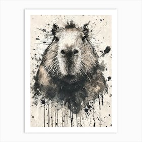 Aesthetic Capybara Watercolor Black Ink Splatter Art Print