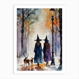 Dear Friends - Witch Best Friends on New Years Day, Witchy Winter Snowing Scene in Deer Woods, Pagan Fairytale Watercolor Art by Lyra The Lavender Witch, Wicca, Witchcraft Spells Magick Beautiful Forest Art Print