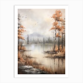 Lake In The Woods In Autumn, Painting 50 Art Print
