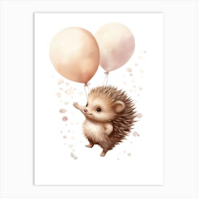Baby Hedgehog Flying With Ballons, Watercolour Nursery Art 2 Art Print
