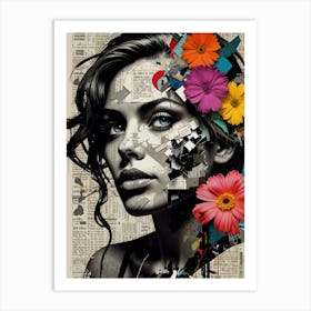 Collage Portrait of a Woman with Flowers and Newspaper Art Affiche