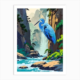 Blue Heron In The Waterfall Art Print