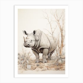 Rhino By The Trees Vintage Illustration 1 Art Print