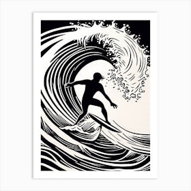 Surfer On A Wave Linocut Black And White Painting, into the water, surfing 1 Art Print