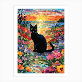 Sunset and Flowers - Beautiful Rainbow Mosiac of Whimsical Black Cat By the Lake as the Sun Sets Whimsy Kitty Art for Cat Lover, Cat Lady, Chakra Pride Pagan Witch Botanical Colorful HD Art Print