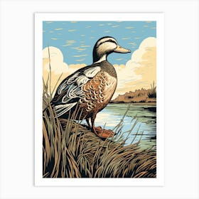 Vintage Bird Linocut Mallard Duck 4 Art Print