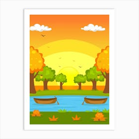 Autumn Landscape With Boats Art Print