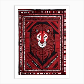 African Quilting Inspired Art of Lion Folk Art, Poetic Red, Black and white Art, 1213 Art Print