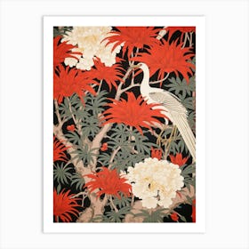 Red Spider Lily And Crane Vintage Japanese Botanical Art Print