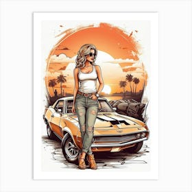 Girl With A Car Art Print