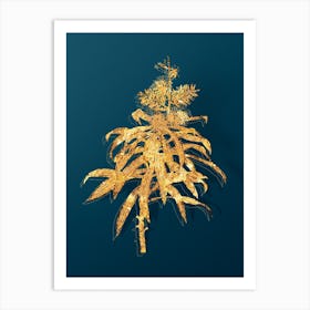 Vintage Pleomele Botanical in Gold on Teal Blue Art Print