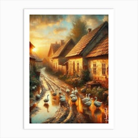 A Flock Of Geese In A Rustic Slavonian Village Art Print