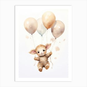 Baby Sheep Flying With Ballons, Watercolour Nursery Art 3 Art Print