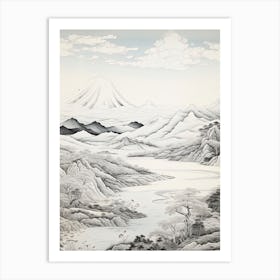 Yatsugatake Mountains In Yamanashi, Ukiyo E Black And White Line Art Drawing 4 Art Print
