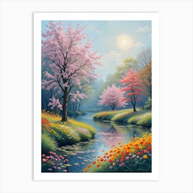 Cherry Blossoms By The River Art Print