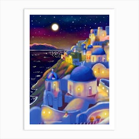 Greece, Santorini By Night Travel Art Print Art Print