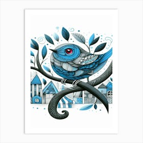 Chipper Blue Bird On A Branch Art Print