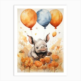 Rhino Flying With Autumn Fall Pumpkins And Balloons Watercolour Nursery 4 Art Print
