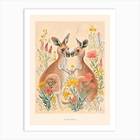 Folksy Floral Animal Drawing Kangaroo Poster Art Print
