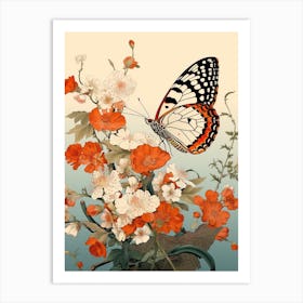 Japanese Style Painting Of A Butterfly With Flowers 4 Art Print