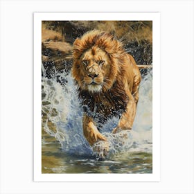 African Lion Crossing A River Acrylic Painting 2 Art Print
