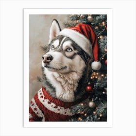 Husky Dog In Christmas Jumper And Santa Hat Art Print