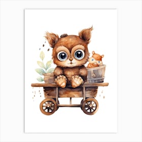 Baby Owl On A Toy Car, Watercolour Nursery 1 Art Print