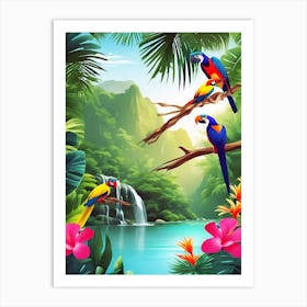 Colorful Parrots In The Jungle Art Print