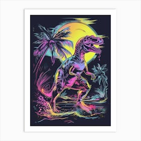 Black & Neon Dinosaur At Night In The Ocean Art Print