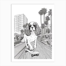 Cavalier King Charles Spaniel Dog Skateboarding Line Art 3 Art Print