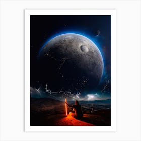 Jedi Red Light Saber And Blue Planets Art Print