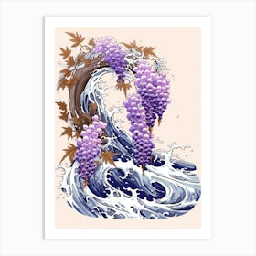 Great Wave With Wisteria Flower Drawing In The Style Of Ukiyo E 3 Art Print